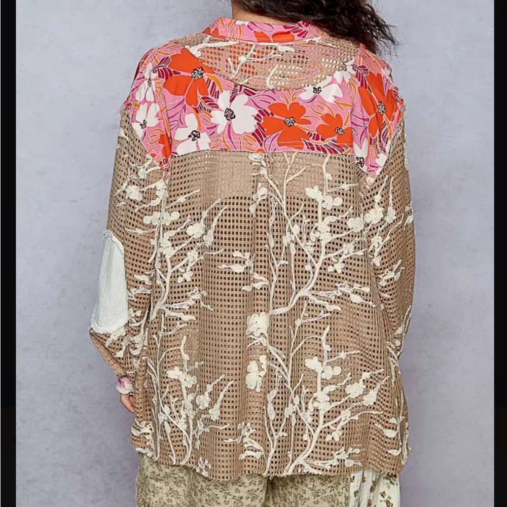 Boho Patchwork Open Front Shirt Jacket - Pink Multicolor - Picture 4 of 10